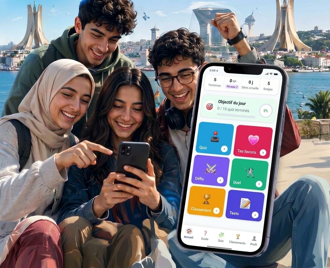 Des élèves algériens jouent à IQUIZ sur leur téléphone devant Alger