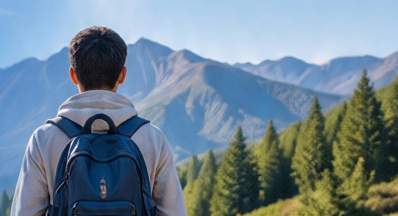 Un élève avec un sac à dos face aux montagnes