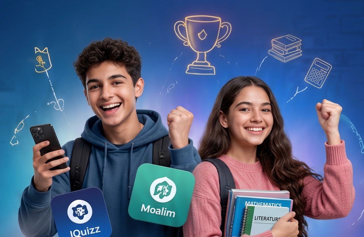 Deux élèves souriants avec les applications IQuizz et Moalim