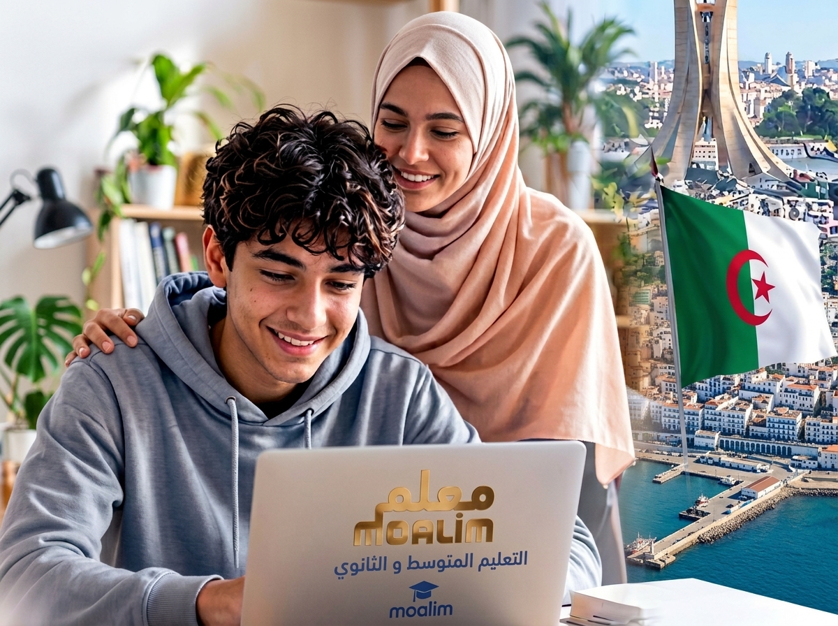 Une mère et son fils devant Moalim, avec le drapeau algérien et le Maqam Echahid