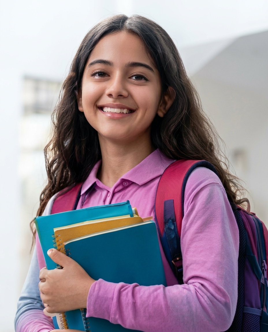 Une élève souriante avec ses livres